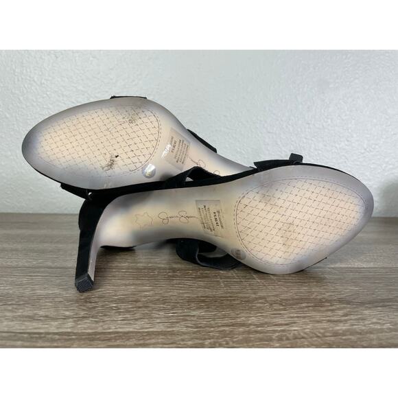 Jessica Simpson Black‎ Ruffle Heels 9.5M Zip Back Stiletto Sandals Leather Sole - Picture 4 of 9